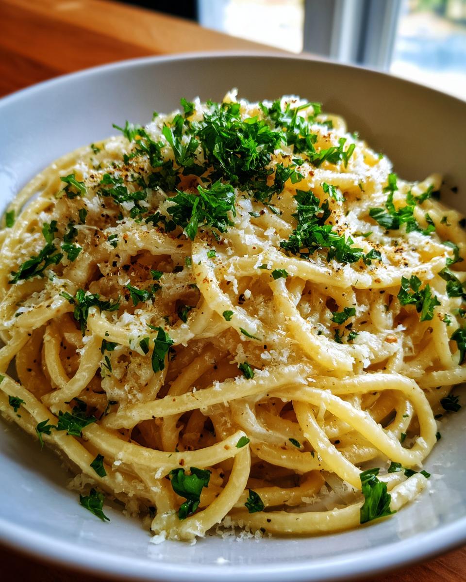 Bowl of creamy pasta dishes topped with fresh parsley and grated cheese, ready to eat.