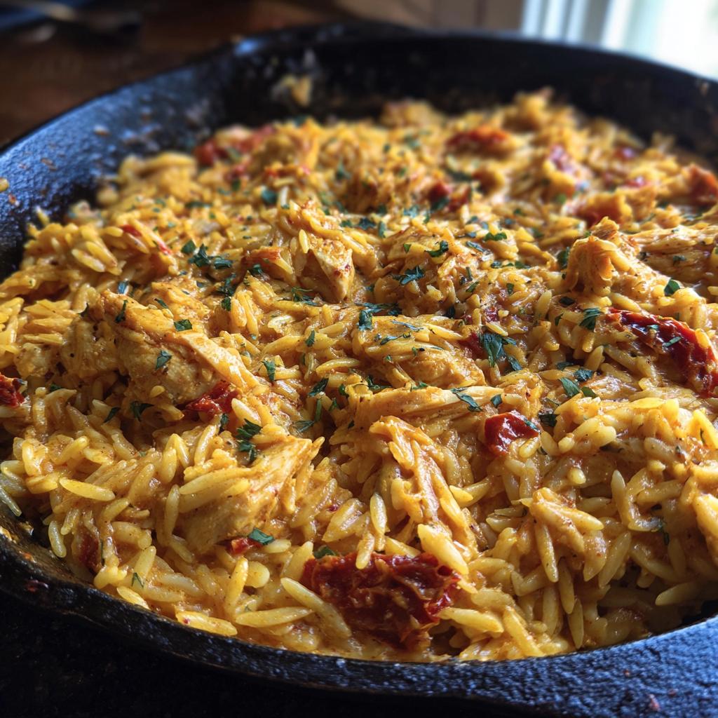 A skillet filled with Creamy Sun-Dried Tomato Chicken Orzo, garnished with parsley.