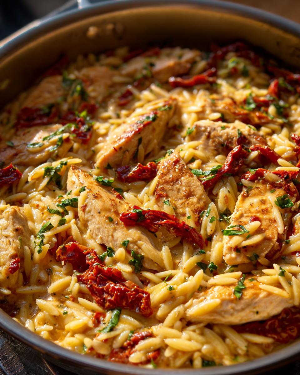 Close-up of Creamy Sun-Dried Tomato Chicken Orzo Skillet with chicken, orzo pasta, and sun-dried tomatoes.