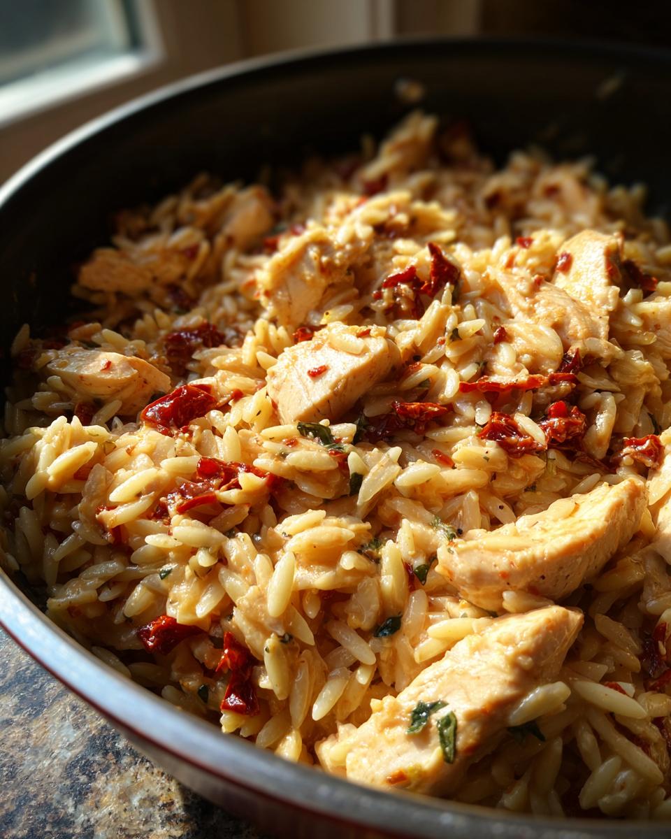 Close-up of Creamy Sun-Dried Tomato Chicken Orzo Skillet, featuring chicken, orzo pasta, and sun-dried tomatoes.