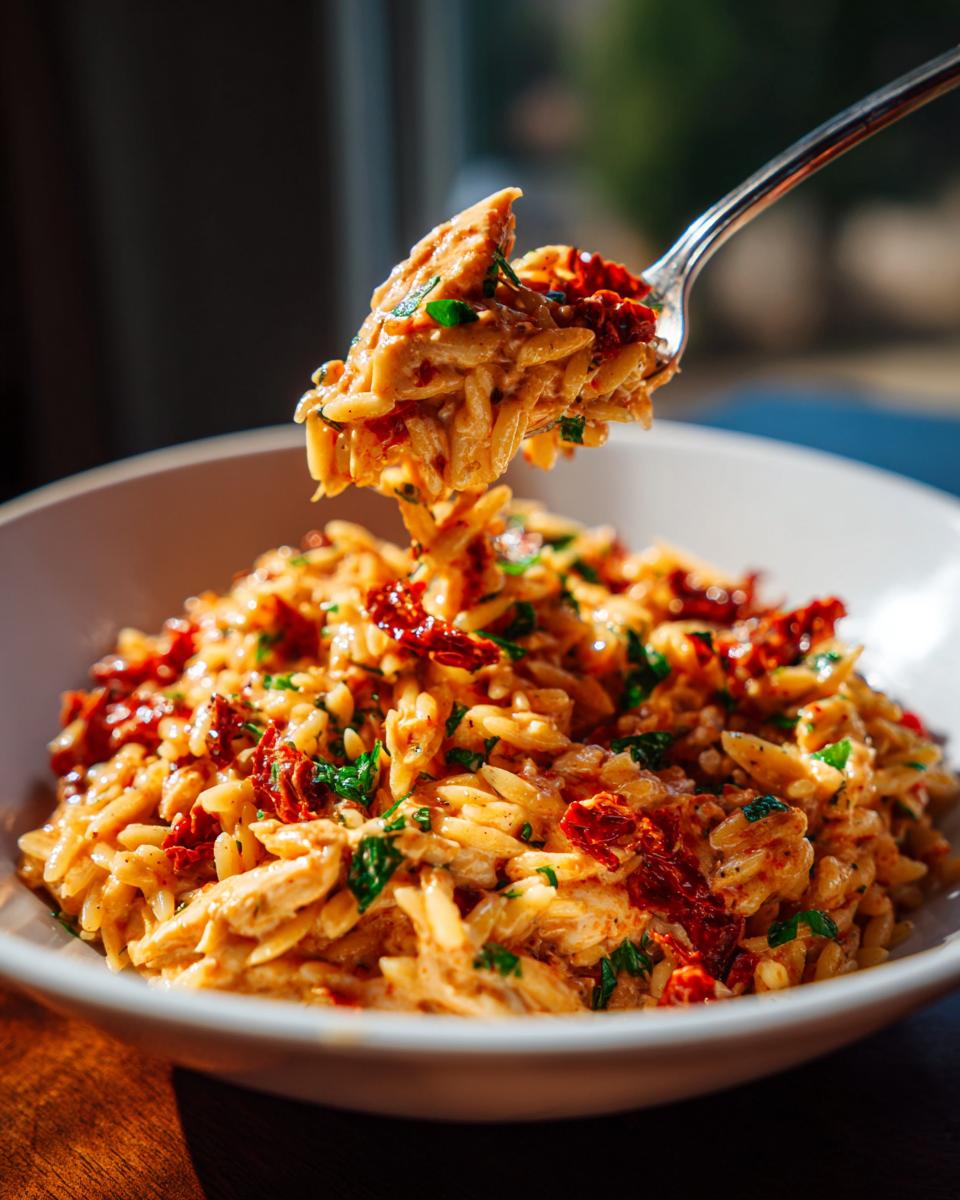 A spoonful of Creamy Sun-Dried Tomato Chicken Orzo Skillet being lifted from a bowl. 