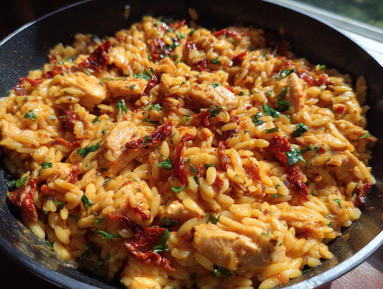 Close-up of Creamy Sun-Dried Tomato Chicken Orzo Skillet, featuring chicken, orzo pasta, and sun-dried tomatoes.
