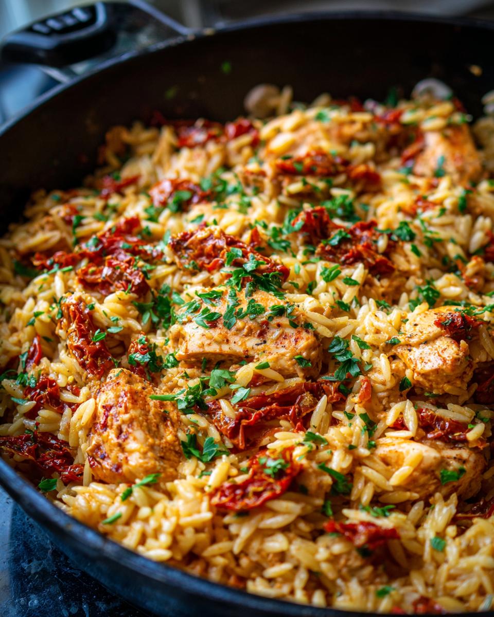 Close-up of Creamy Sun-Dried Tomato Chicken Orzo Skillet with chicken, orzo, sun-dried tomatoes, and parsley.
