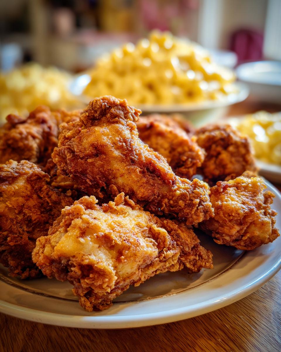 A plate of golden, crispy fried chicken, a classic example of best comfort foods. Mac and cheese is visible in the background.
