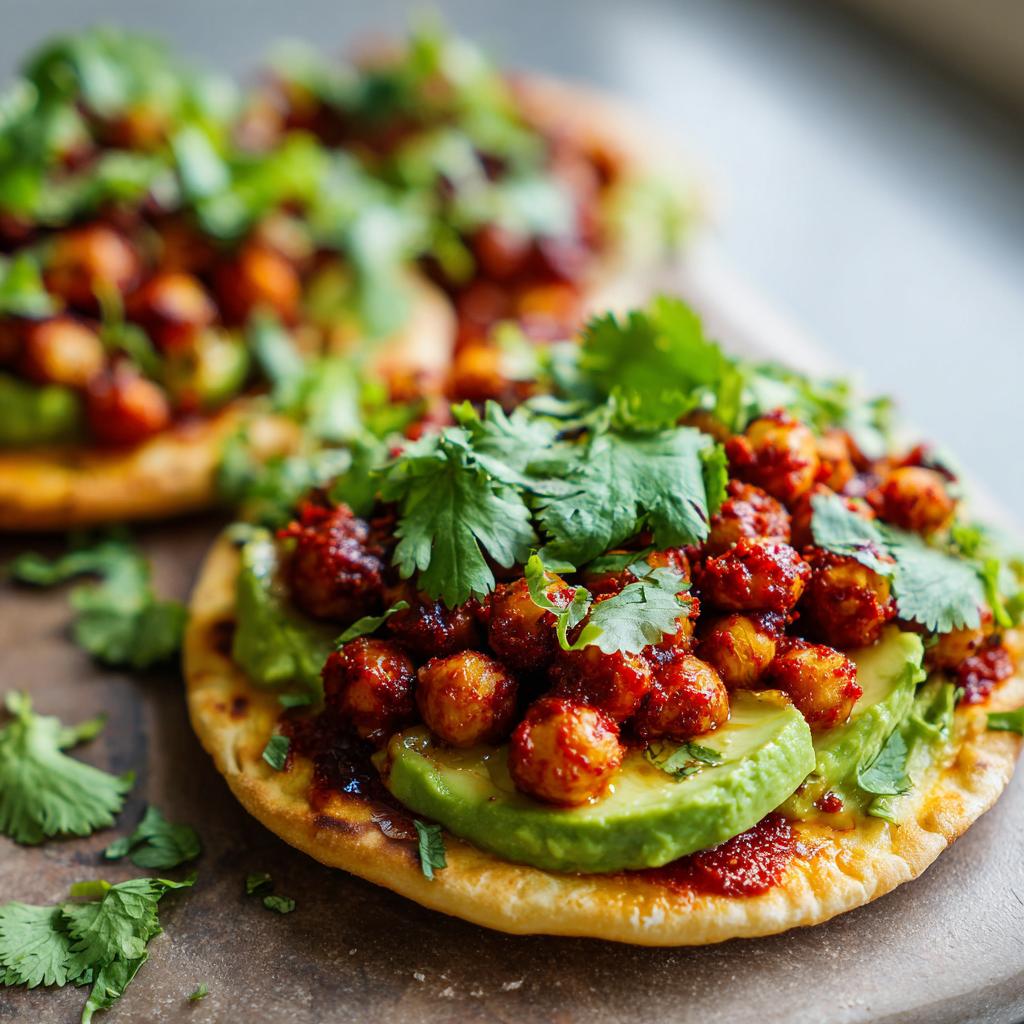 Two Crispy Harissa Chickpea & Avocado Flatbreads topped with cilantro on a wooden board.
