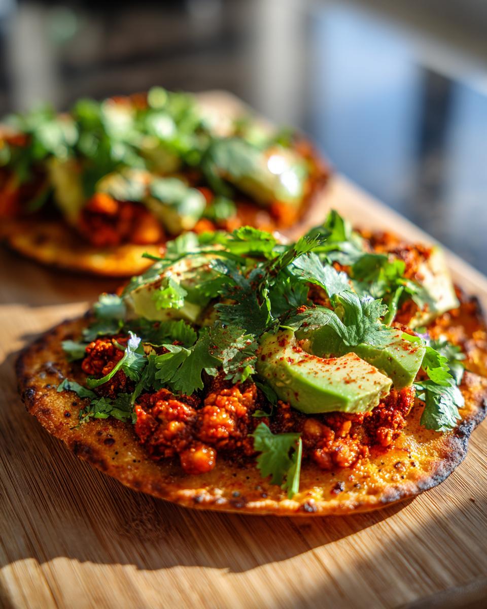 Two Crispy Harissa Chickpea & Avocado Flatbreads topped with cilantro on a wooden board.