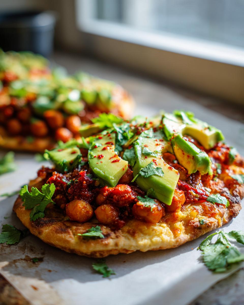 Two Crispy Harissa Chickpea & Avocado Flatbreads topped with fresh cilantro and avocado slices.