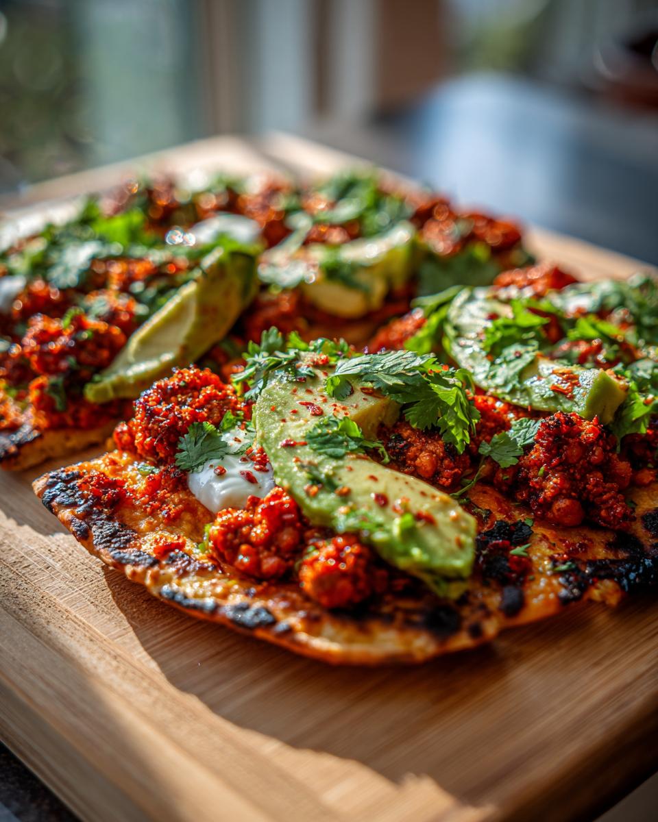 Close-up of Crispy Harissa Chickpea & Avocado Flatbreads on a wooden board, garnished with cilantro.
