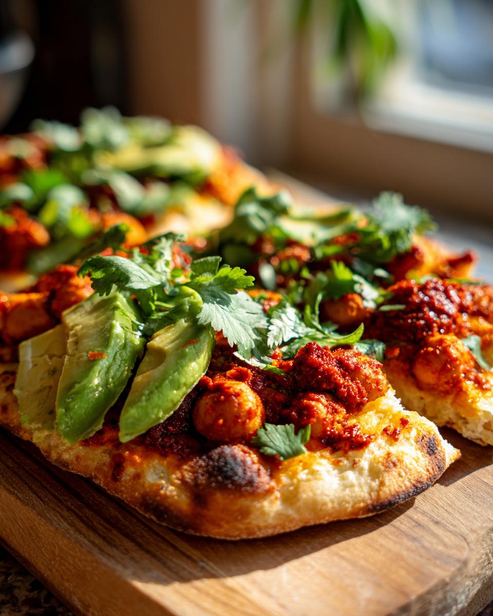 Close-up of Crispy Harissa Chickpea & Avocado Flatbreads with fresh cilantro on a wooden board.