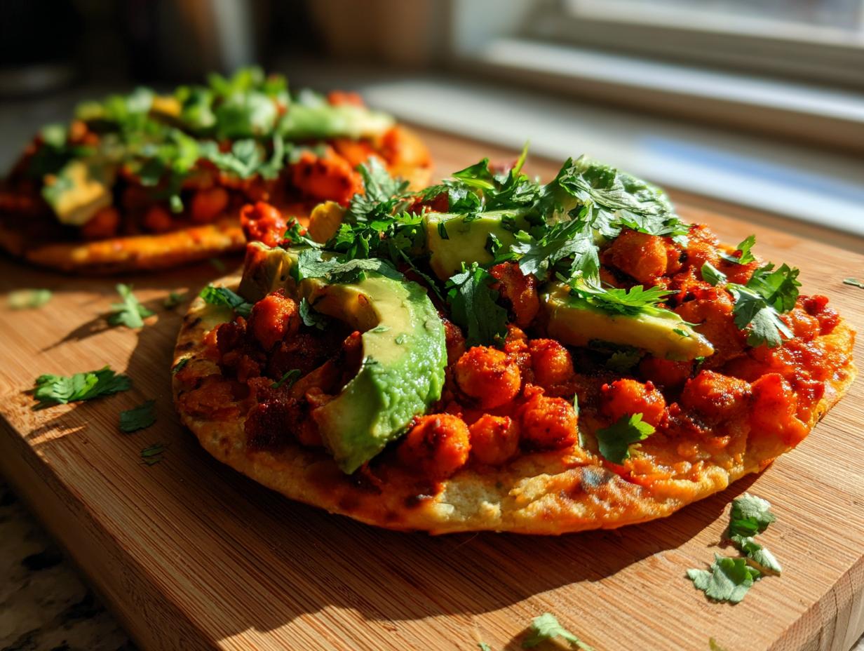 Two Crispy Harissa Chickpea & Avocado Flatbreads topped with cilantro on a wooden board.