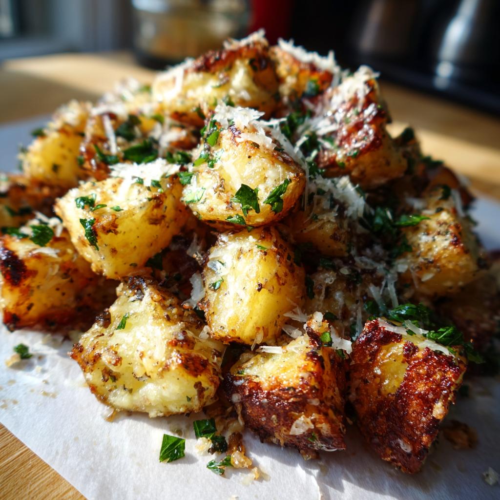A pile of Crispy Lemon Pepper Parmesan Potatoes, garnished with fresh parsley and parmesan cheese.