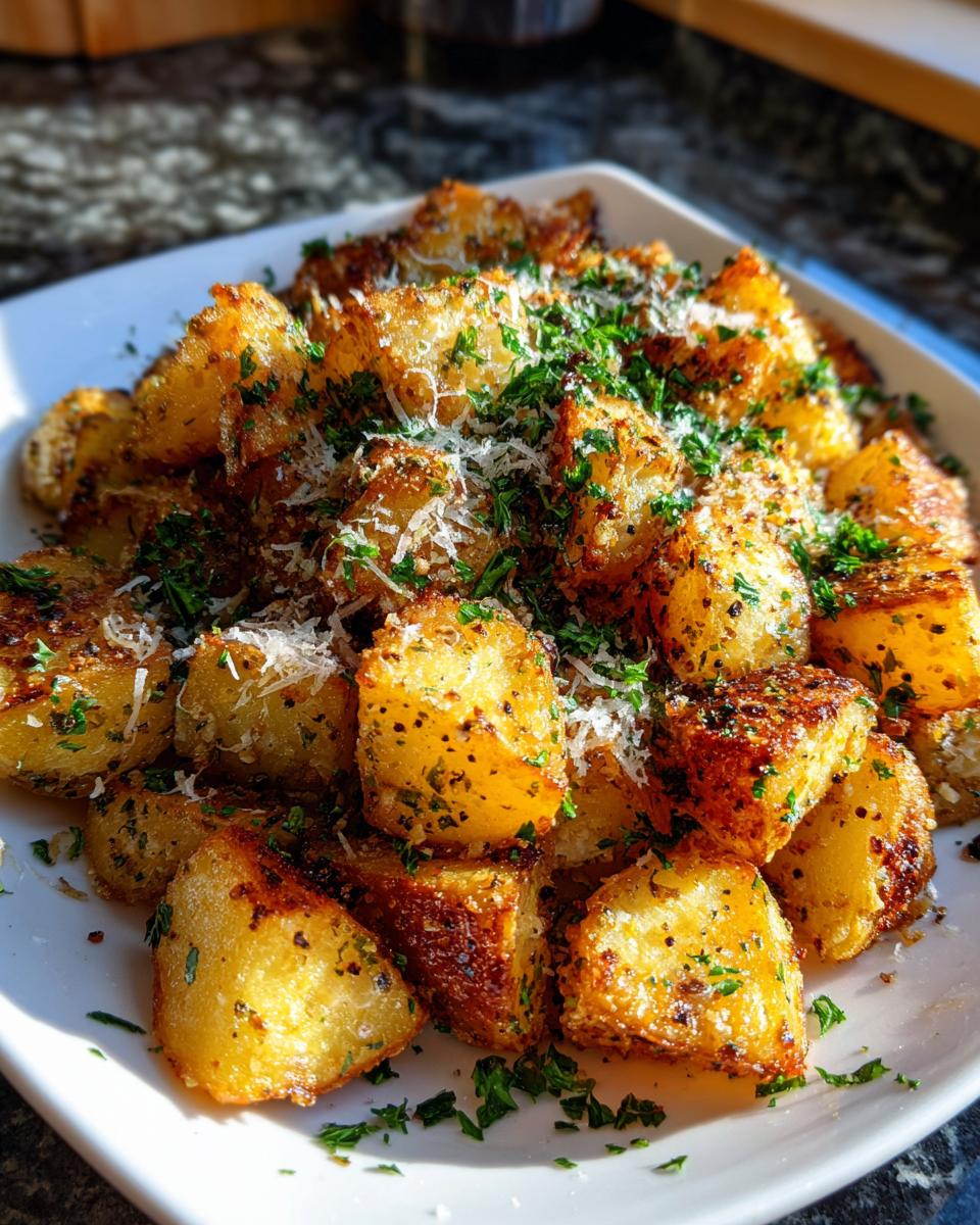 A plate of Crispy Lemon Pepper Parmesan Potatoes, garnished with parsley and parmesan cheese.