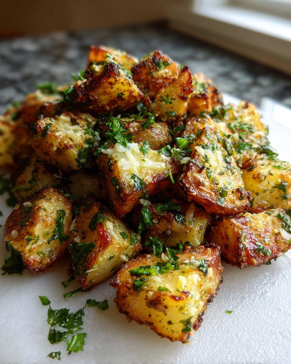 A platter of golden Crispy Lemon Pepper Parmesan Potatoes, garnished with fresh parsley.