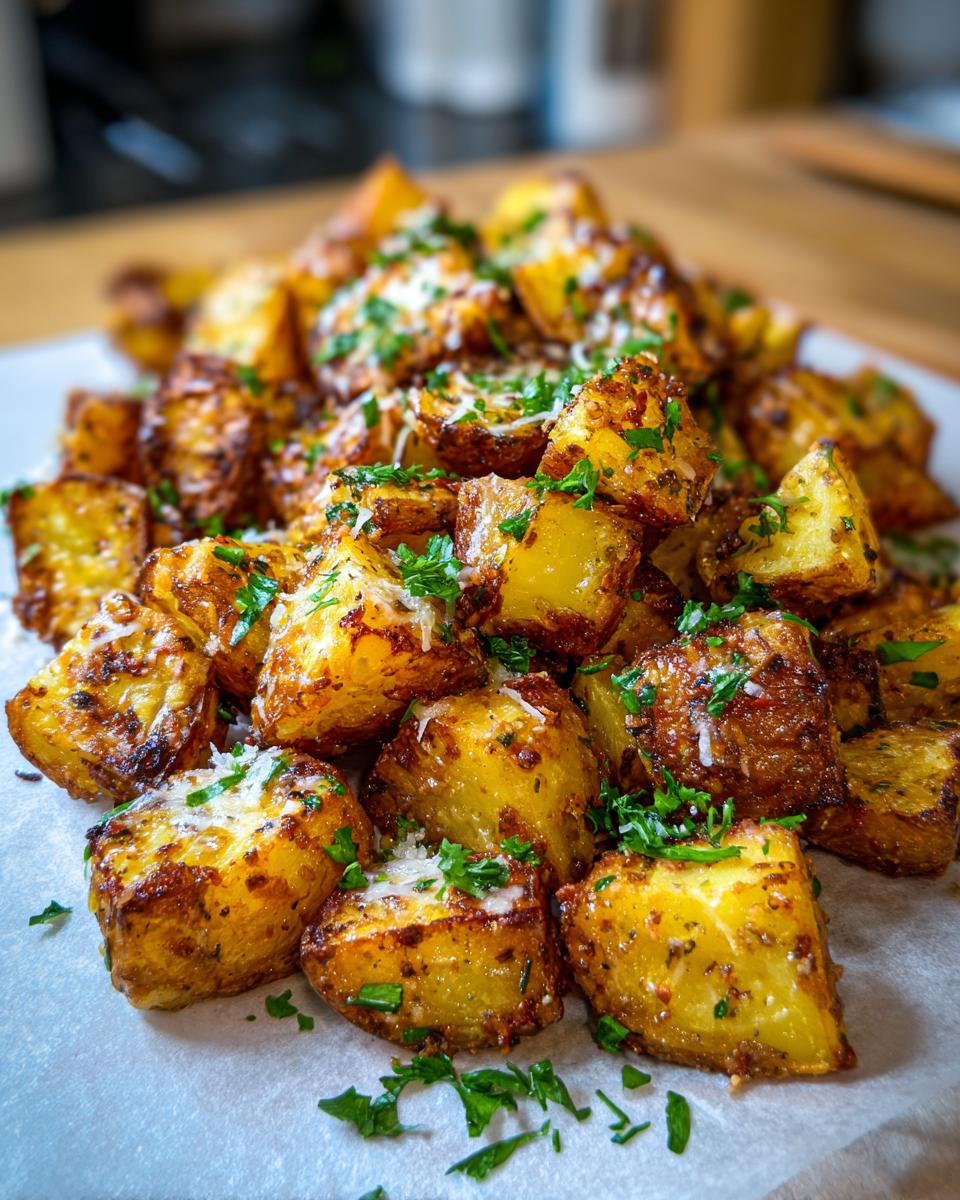 A platter of Crispy Lemon Pepper Parmesan Potatoes, garnished with fresh parsley and grated parmesan cheese.