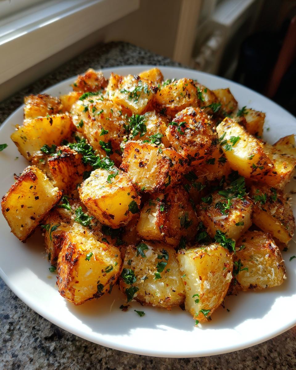 A plate of golden Crispy Lemon Pepper Parmesan Potatoes, garnished with fresh parsley.