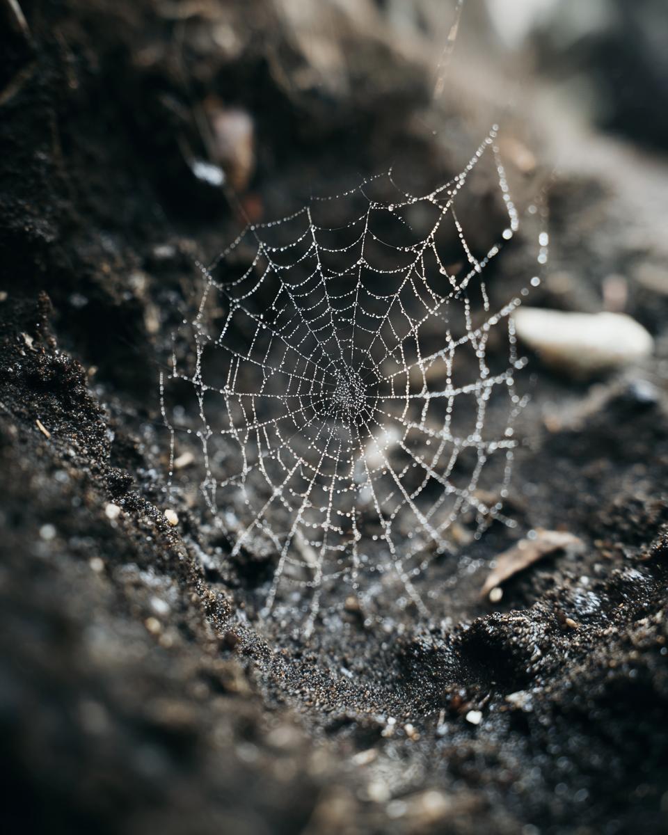 Spiderweb covered in dew drops, creating a spooky atmosphere for Halloween snacks.