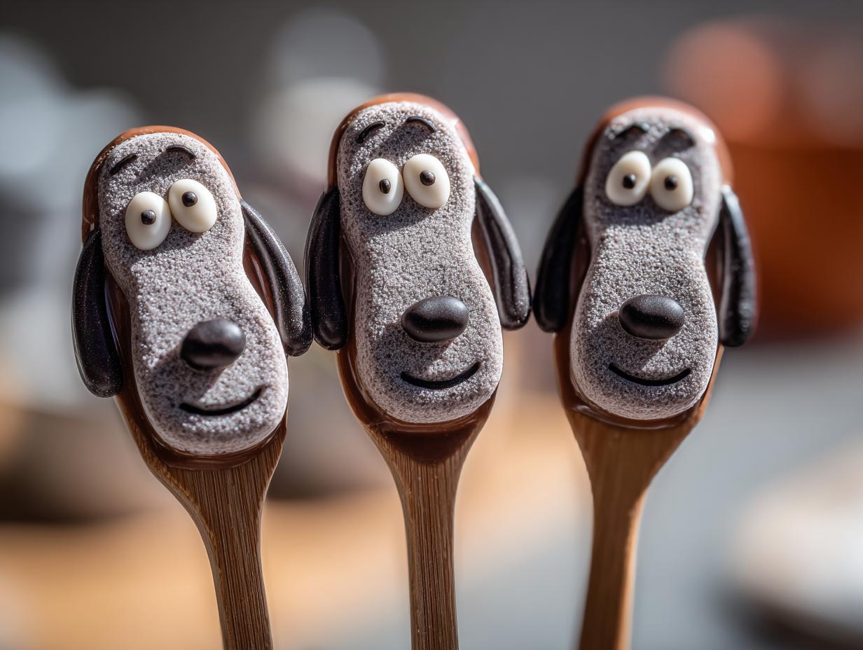 Three spoons topped with dog-shaped chocolate, a whimsical take on Breakfast Ideas.