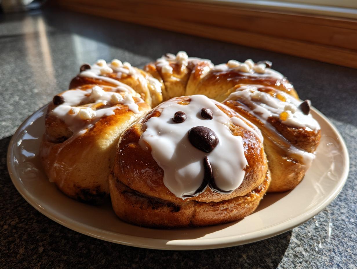 Dog-shaped cinnamon rolls with icing, a fun breakfast ideas for kids and adults alike.