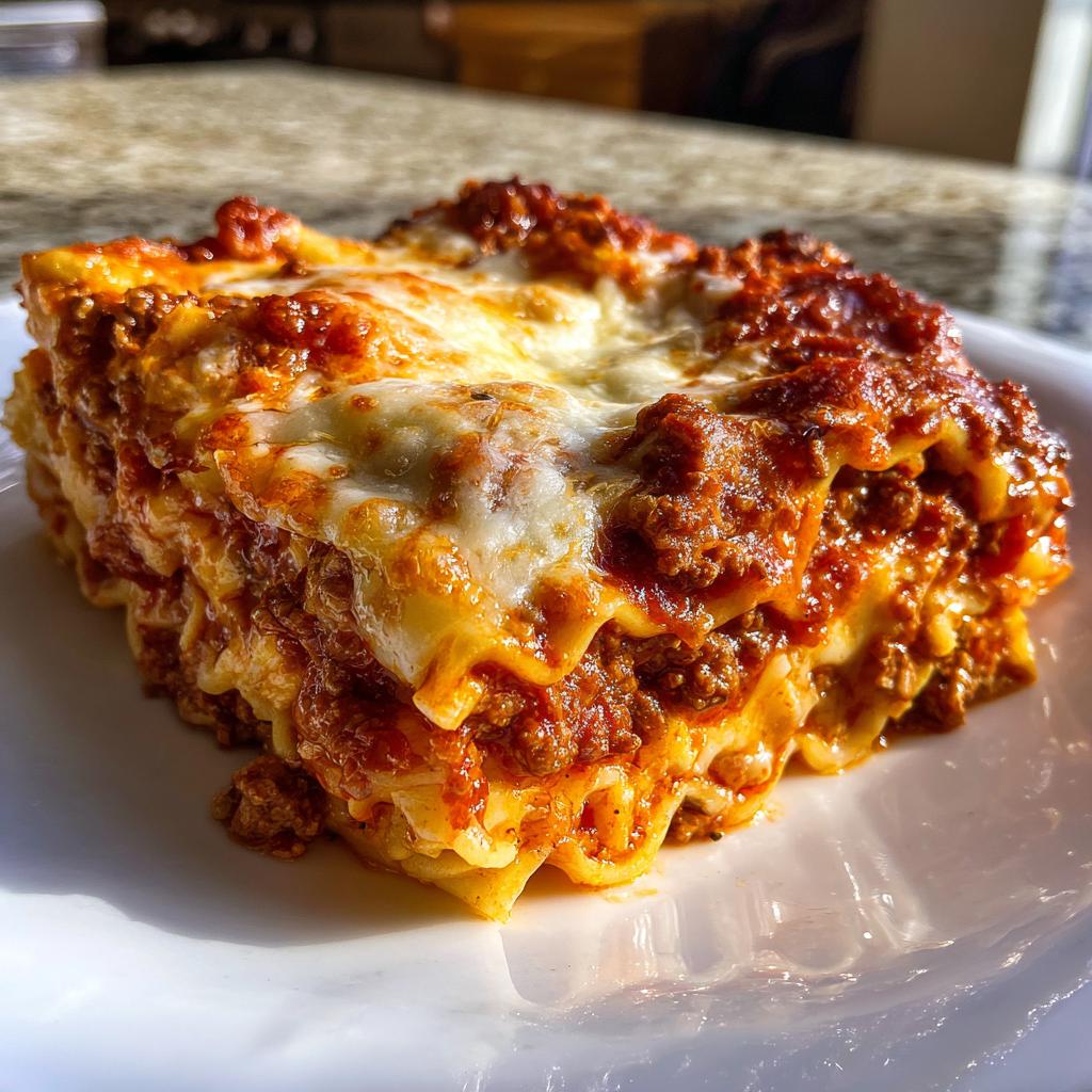 A delicious slice of lasagna featuring layers of pasta, meat sauce, and melted cheese. Easy lasagna recipe.