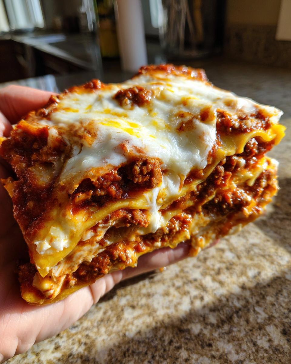 A hand holds a delicious slice of easy lasagna recipe, showcasing layers of pasta, meat sauce, and melted cheese.