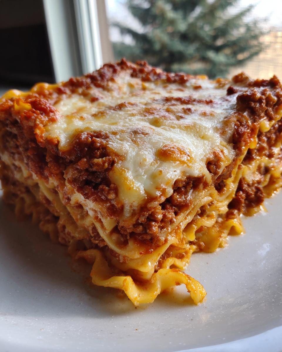 A delicious slice of lasagna featuring layers of pasta, meat sauce, and melted cheese. Easy lasagna recipe.