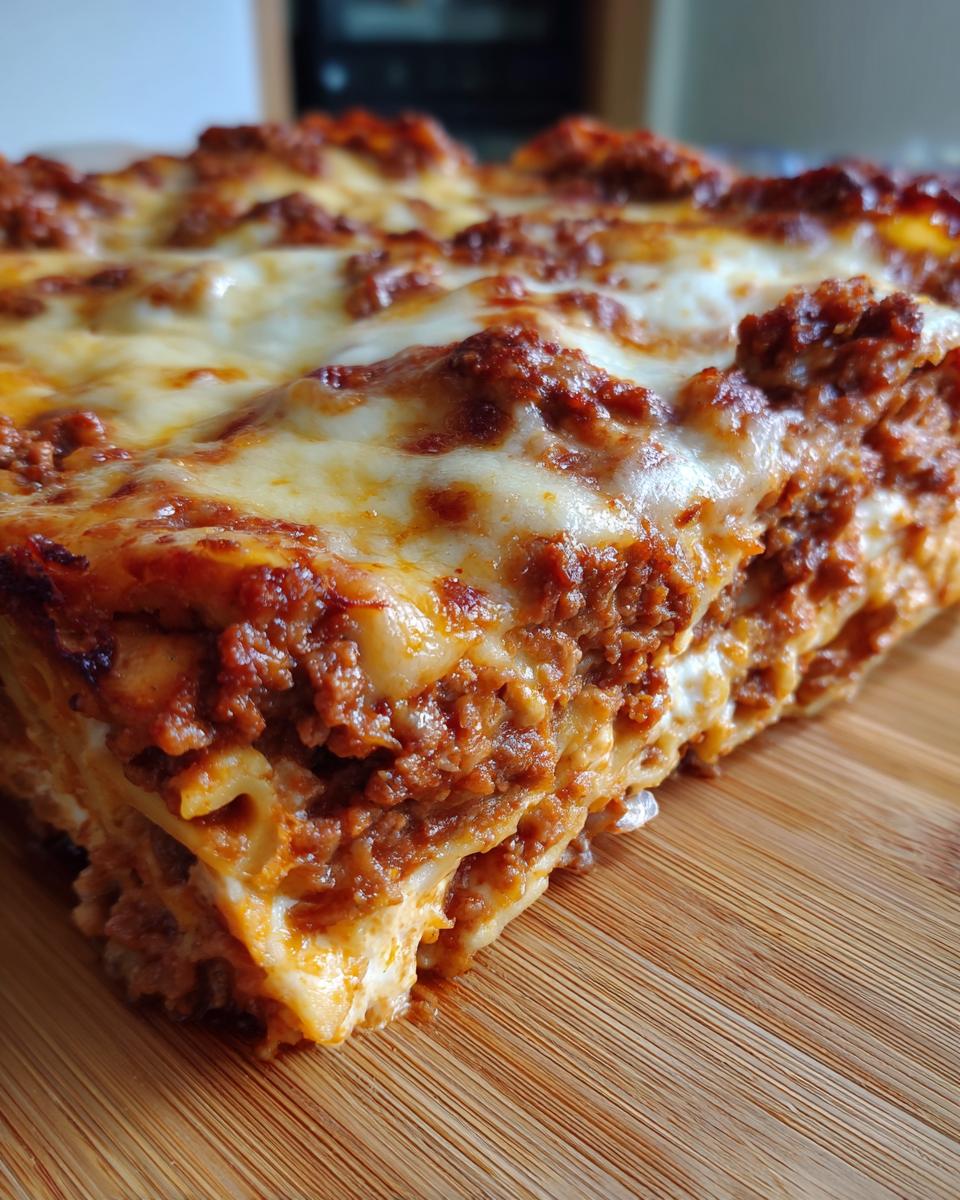 A close-up of a slice of easy lasagna recipe, showcasing layers of pasta, meat sauce, and melted cheese.