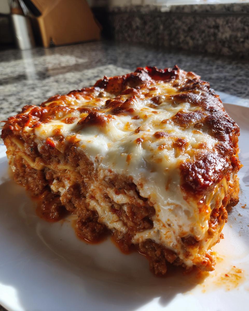 A delicious slice of easy lasagna recipe, showcasing layers of pasta, meat sauce, and melted cheese.
