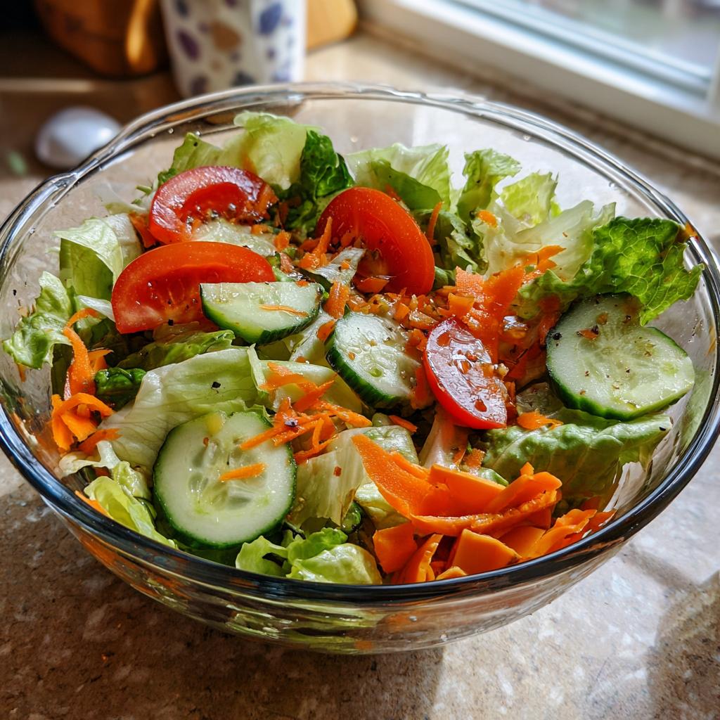 A glass bowl filled with fresh easy salad recipes, including lettuce, tomatoes, cucumbers, and carrots.