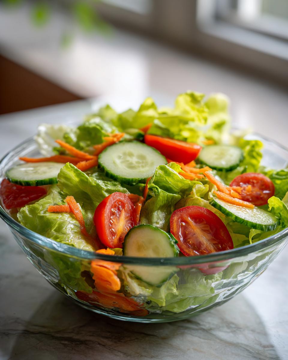 A vibrant bowl of easy salad recipes with lettuce, tomatoes, cucumbers, and carrots.