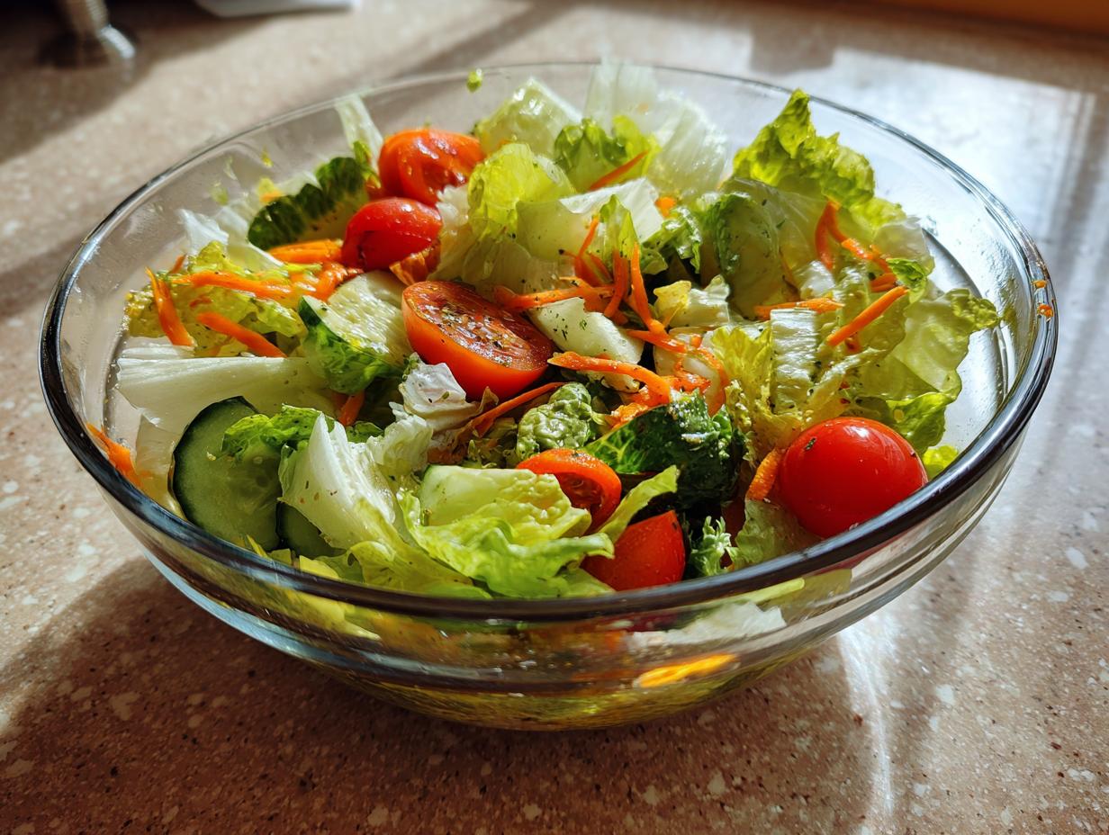 A glass bowl filled with fresh ingredients for easy salad recipes, including lettuce, tomatoes, cucumber, and carrots.