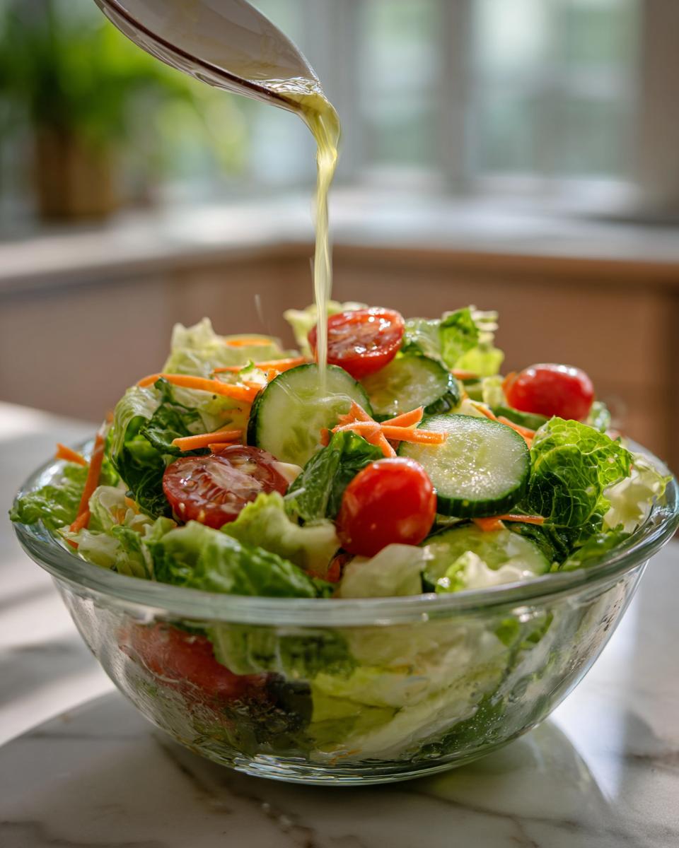 Salad dressing being poured onto a fresh salad with lettuce, tomatoes, cucumbers, and carrots. One of many easy salad recipes.