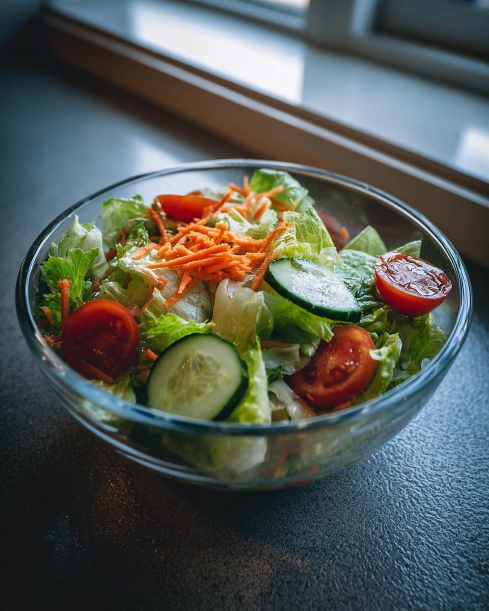 A glass bowl filled with fresh salad featuring lettuce, tomatoes, cucumber, and shredded carrots. One of our easy salad recipes.