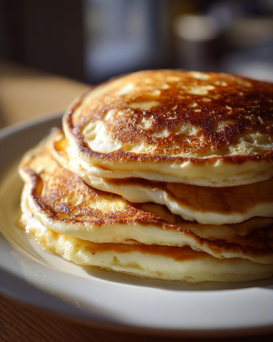 A stack of golden fluffy pancakes, perfect for family breakfast ideas, sits on a white plate.