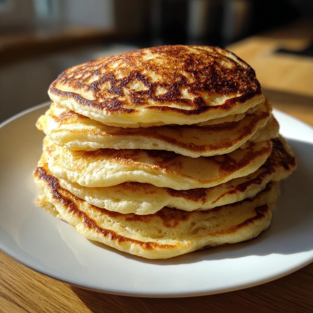 Stack of fluffy pancakes on a white plate, perfect for family breakfast ideas.