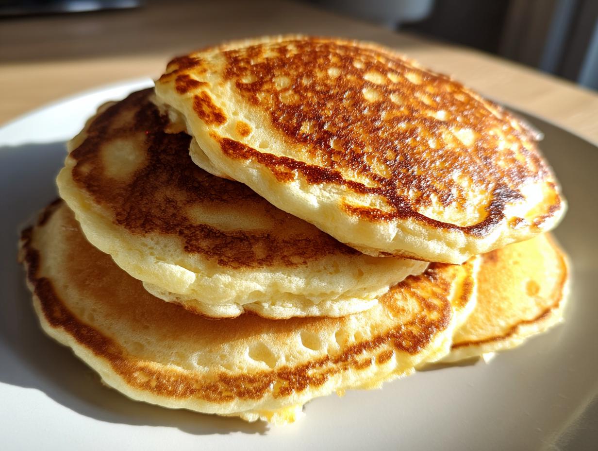 Stack of three fluffy pancakes on a white plate, perfect for Family Breakfast Ideas.