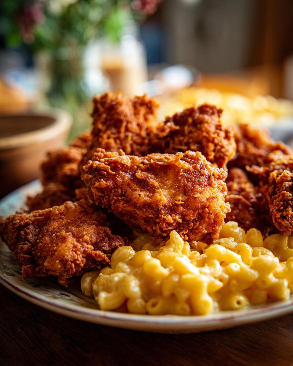Crispy fried chicken served with creamy macaroni and cheese, a classic example of best comfort foods.