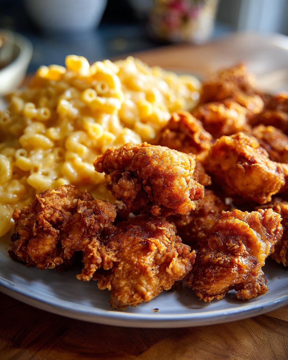 A plate of crispy fried chicken bites and creamy macaroni and cheese, classic best comfort foods.