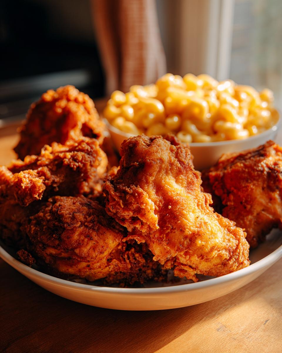 Plate of crispy fried chicken and creamy macaroni and cheese, classic best comfort foods.