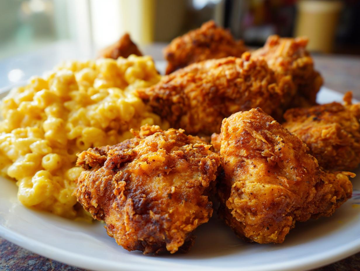 Plate of golden fried chicken and creamy macaroni and cheese, a classic example of best comfort foods.
