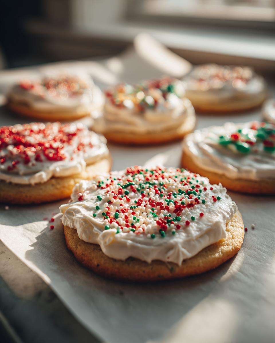 Close-up of frosted Christmas cookie recipes decorated with red, green, and white sprinkles on parchment paper.