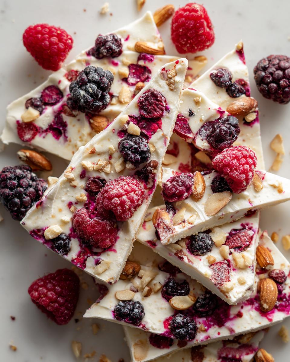 Pieces of frozen yogurt bark topped with raspberries, blackberries, and almonds. A delicious and healthy treat.