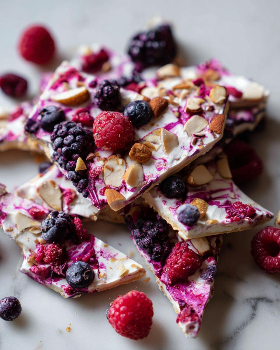 Pieces of frozen yogurt bark topped with raspberries, blueberries, blackberries, and sliced almonds.