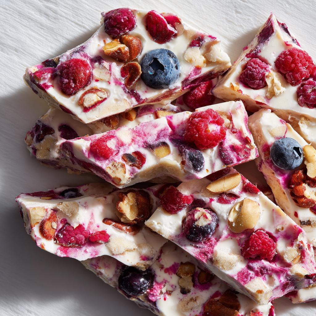 Pieces of homemade frozen yogurt bark with raspberries, blueberries, and nuts on a white surface.