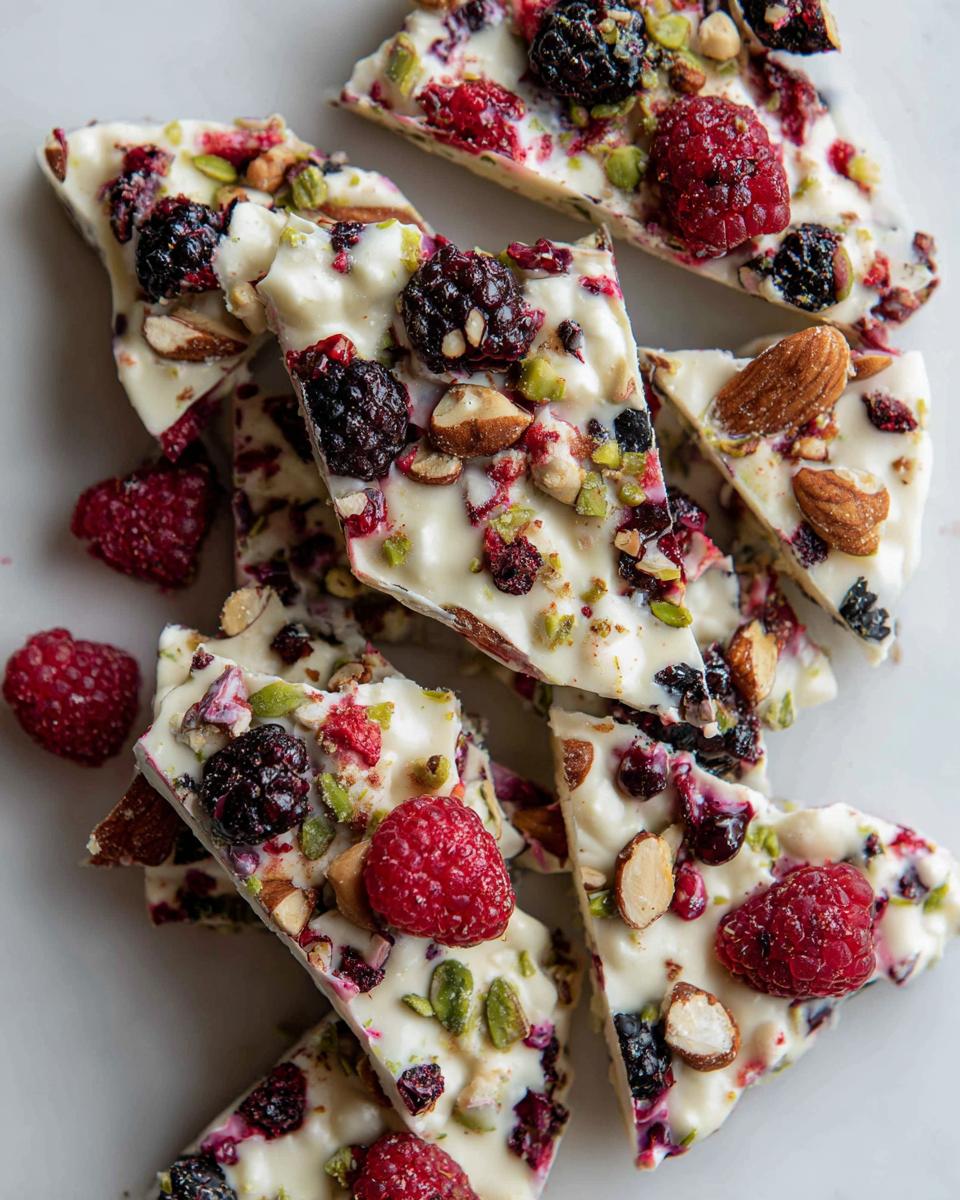 Pieces of frozen yogurt bark topped with raspberries, blackberries, and assorted nuts.