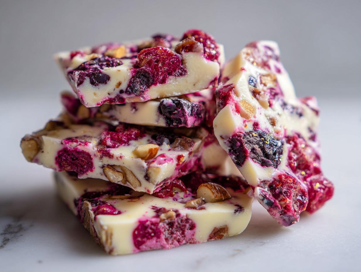 A stack of homemade frozen yogurt bark pieces with mixed berries and nuts. Perfect for a healthy snack.