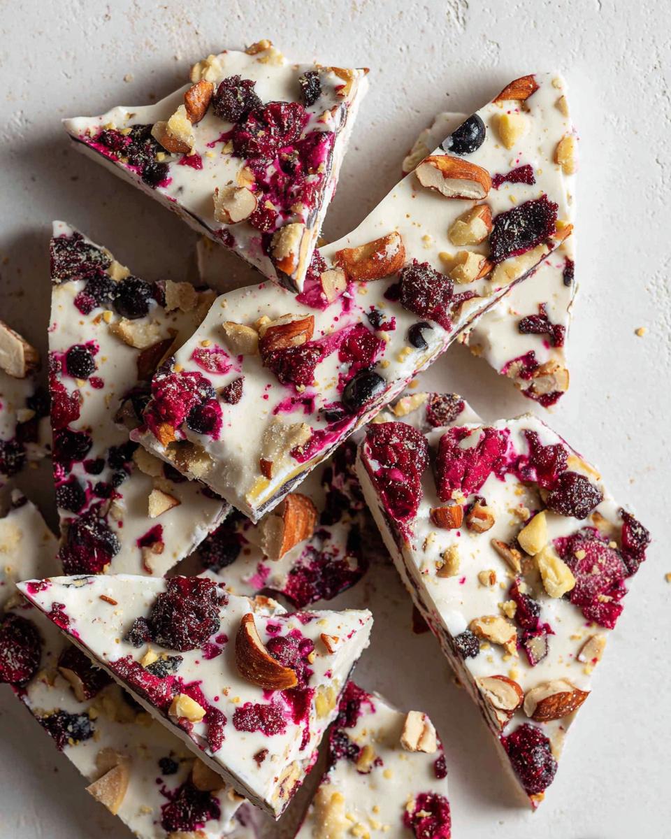 Pieces of frozen yogurt bark with mixed berries and almonds on a white surface. Delicious and healthy dessert.
