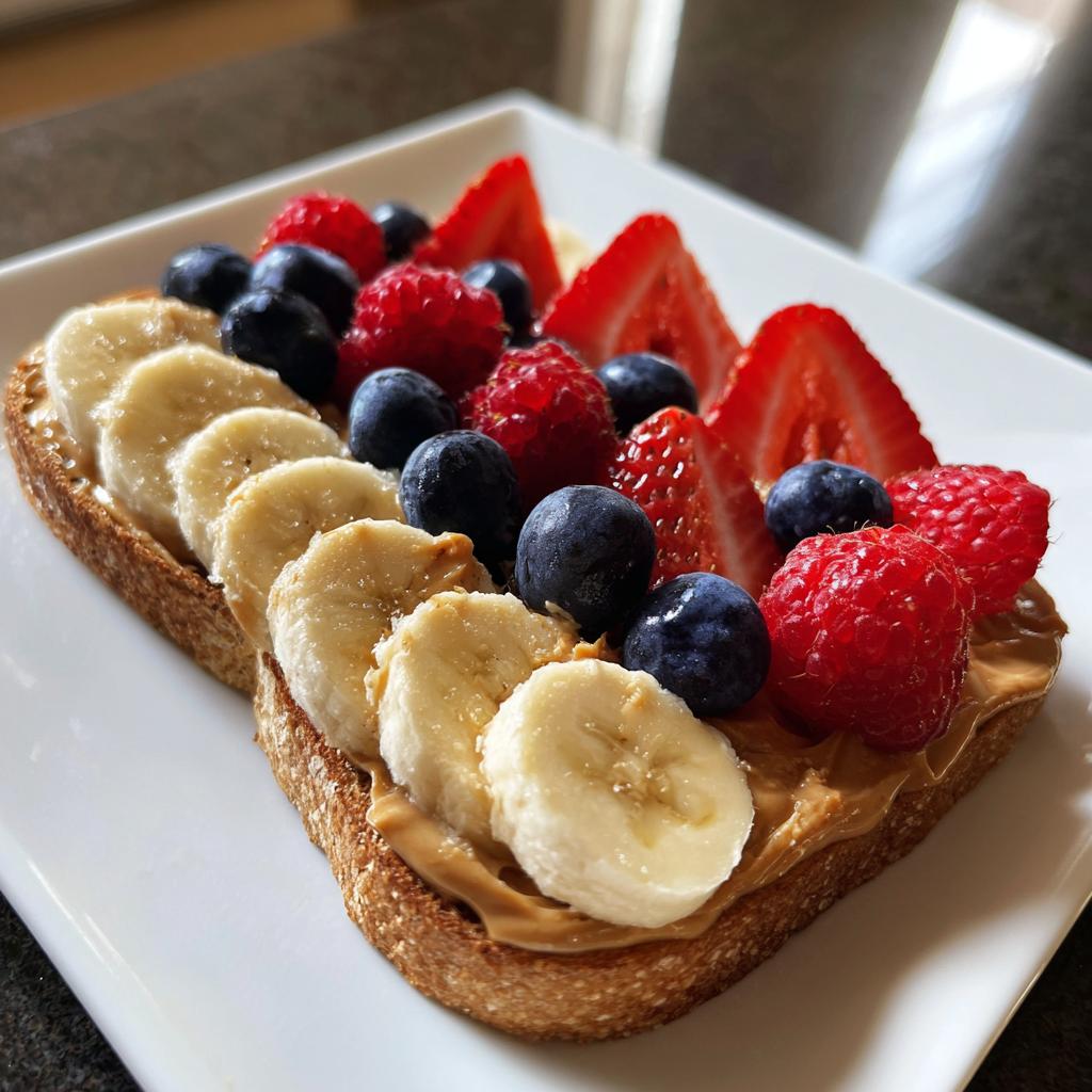 Toast with peanut butter, banana slices, blueberries, raspberries, and strawberries. Healthy snack ideas.