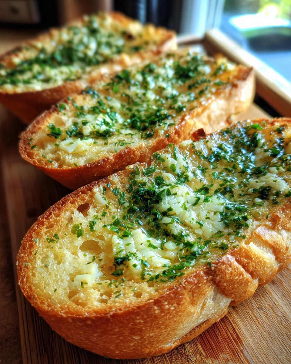 Close-up of sliced garlic bread recipes, topped with garlic, herbs, and butter on a wooden board.