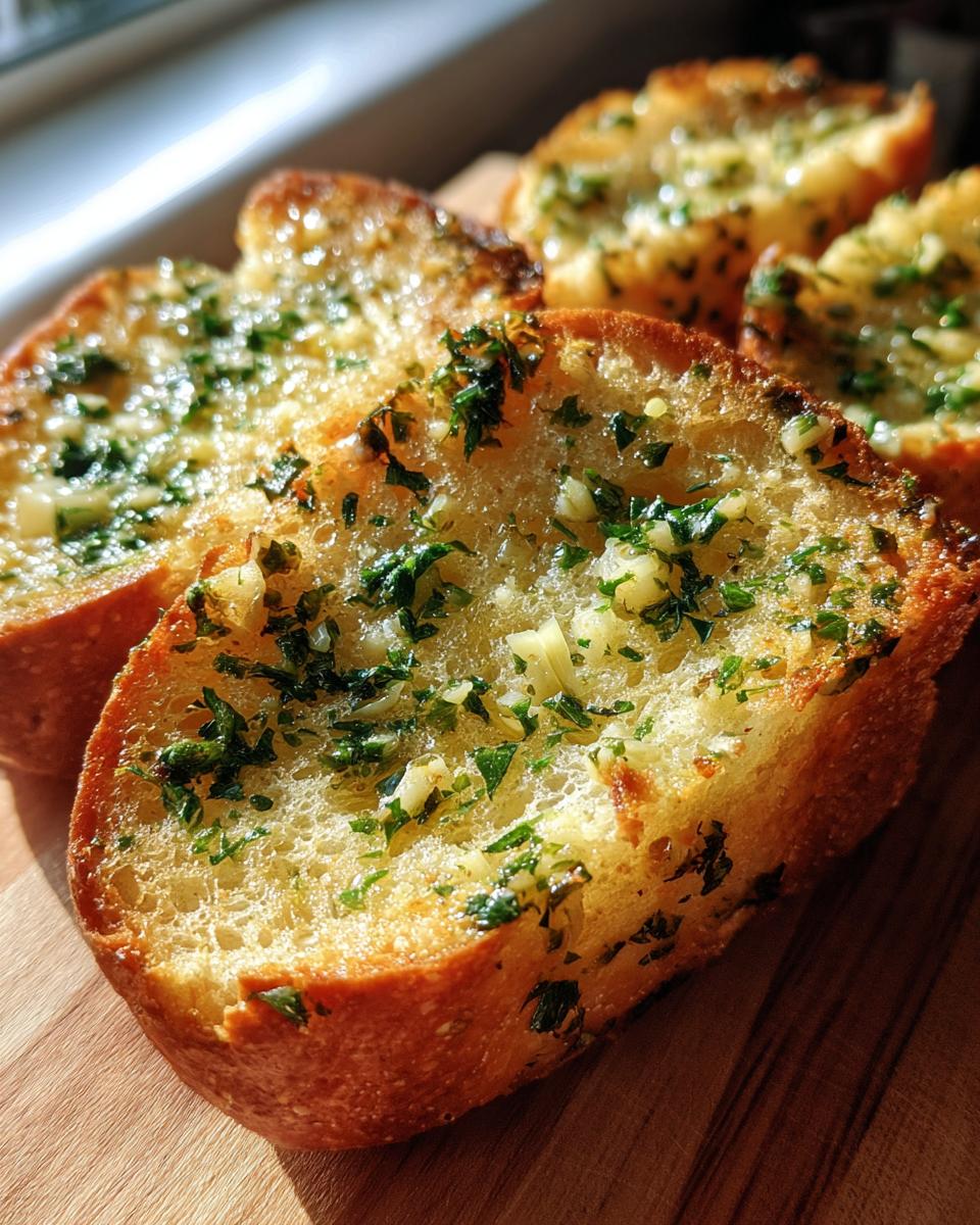 Close-up of golden garlic bread recipes, topped with fresh garlic and herbs on a wooden board.