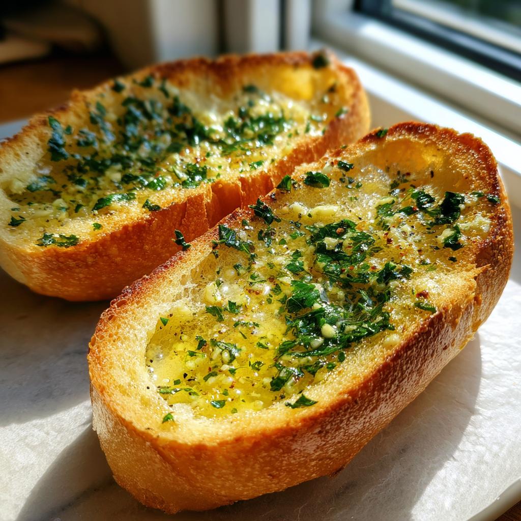 Two slices of golden garlic bread recipes, glistening with garlic-infused oil and fresh herbs.